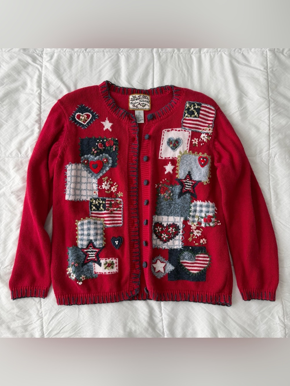 Vtg Heirloom Collectibles Americana Cardigan Sweater S Red Grannycore Y2K 90s US
